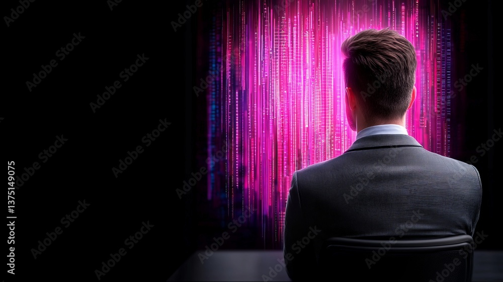 Poster man in suit analyzing digital data stream with pink visuals on dark background