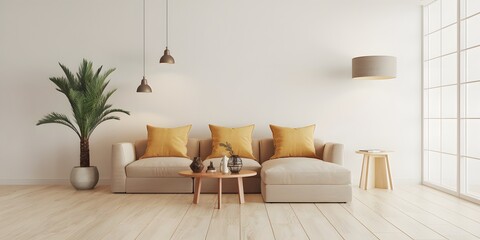 Fototapeta premium Cozy Living Room: A stylish living room with a comfortable sofa, cushions, and a coffee table, adorned with potted plant, creating a warm and inviting atmosphere.