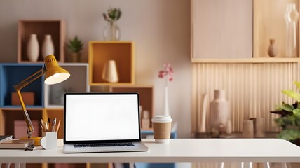 Creative Workspace: A modern and aesthetically pleasing workspace featuring a blank laptop screen, perfect for displaying your ideas and projects, a coffee cup, lamp, and decorative elements. 