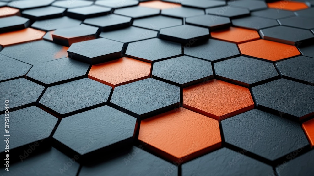Poster abstract hexagon pattern: a 3d rendering of interlocking hexagons in shades of gray and orange