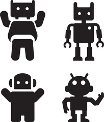 Retro cartoon robot set, fun vector icons