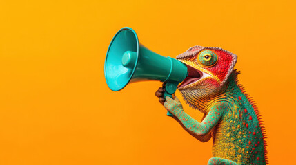 Colorful Chameleon Holding a Megaphone on Vibrant Background