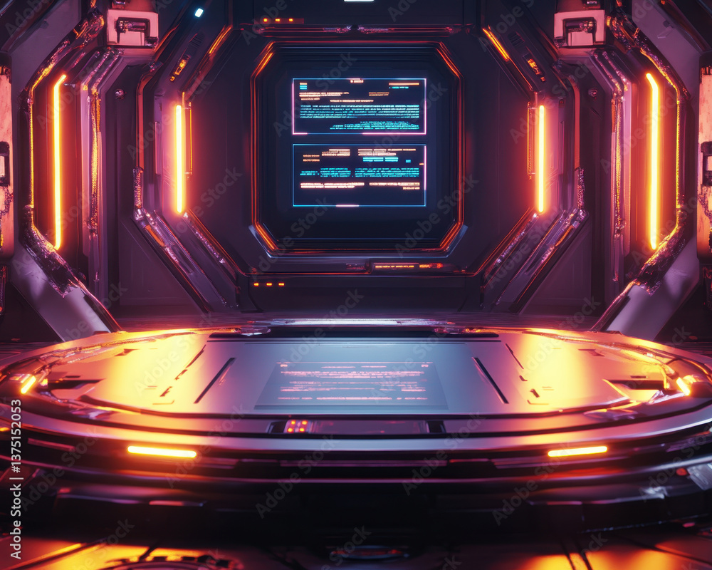 Poster futuristic product display podium is illuminated by vibrant neon lights in high tech environment. sl