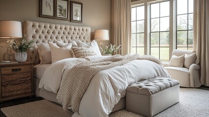 Cozy bedroom with neutral tones and soft cushions 