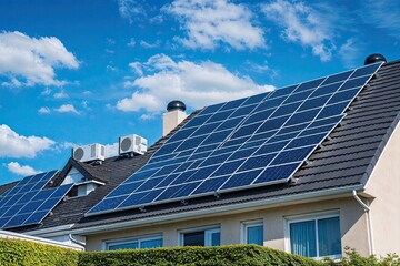 Fototapeta premium Residential Rooftops with Solar Power Systems Showcasing Innovative Clean Energy Technology Against a Clear Blue Sky