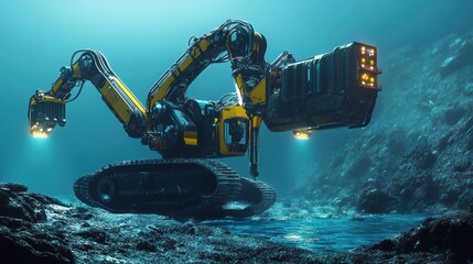 An underwater excavator operates in a murky and aquatic environment
