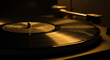 Close-up of a Vintage Turntable Playing a Vinyl Record in Low Light, Showcasing the Warm Glow of the Needle and the Textured Surface of the LP