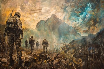 A painting depicting soldiers walking uphill in a mountainous landscape, illuminated by a full moon, Create an artwork that captures the sacrifices made by those who served