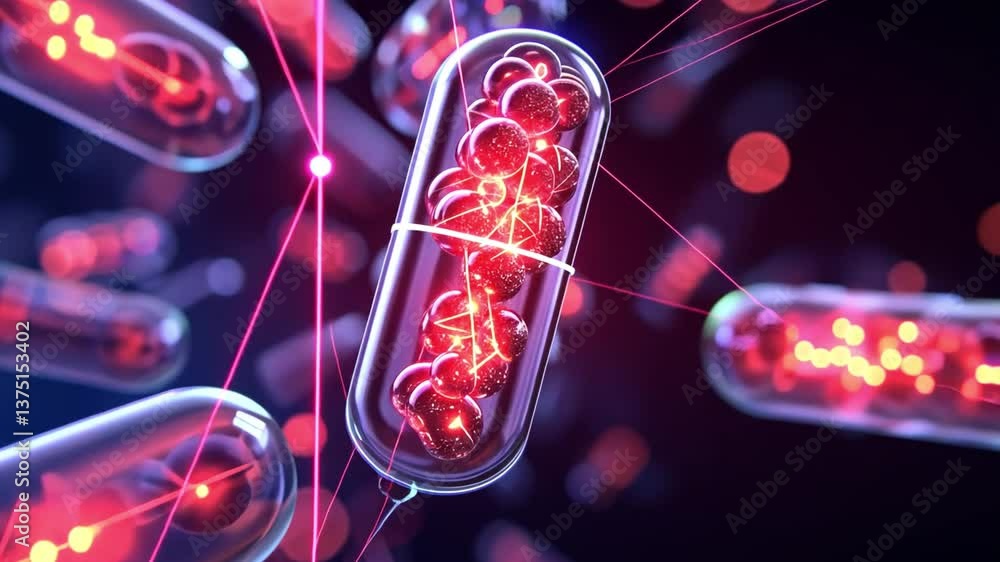 Poster vibrant digital illustration of capsule filled with glowing red particles, showcasing abstract energ