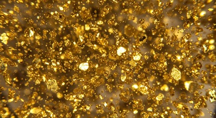 A Close-Up View of Glittering Golden Particles Sparkling in Natural Light, Capturing the Beauty of Gold Dust and Its Textures in Various Sizes
