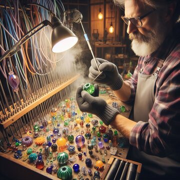 Glass Bead Maker Creates handmade glass beads using lampworking