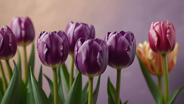Close-up of vibrant purple tulips on pastel background. Spring flowers with copy space. Floral design for greeting card, easter present, romantic valentine holiday. Natural fresh blooms, springtime.