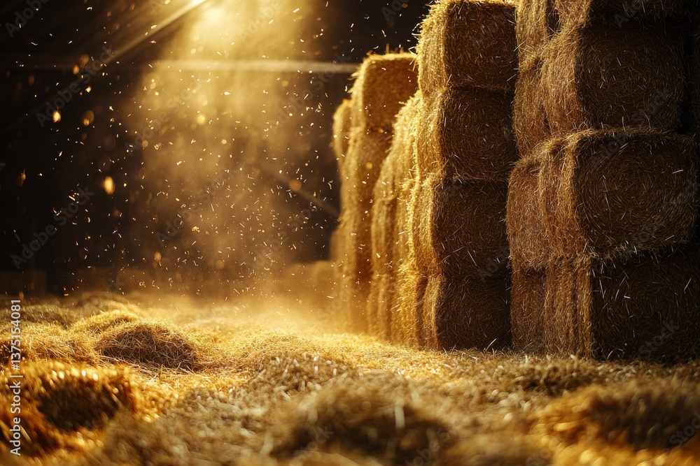 Poster sunlight filters through a barn as golden hay bales are stacked closely, creating a warm and invitin
