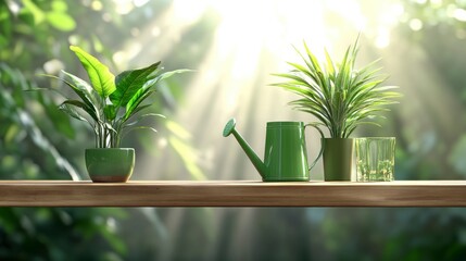 Obraz premium Indoor Plants and Watering Can on Wooden Shelf with Soft Sunlight Filtering Through Leaves