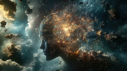 Obraz premium A womans mind is represented by an abstract cityscape in space