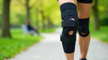 Fototapeta premium Person wearing supportive knee brace while walking on a paved path in a park