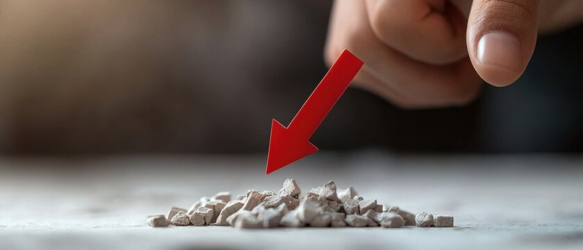 Hand holding a red arrow pointing downwards towards a pile of small rocks on a white surface. the background is blurred, but it appears to be a wooden table or countertop.