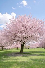 arafed tree with pink flowers in a grassy field