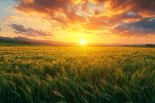 Barley fields in Ireland glow warmly as the sun sets, casting a golden hue across the lush landscape while clouds drift peacefully overhead Generative AI