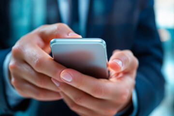 Close-up of male hands holding smartphone in business suit, realistic photographic style, blurred office background, concept of communication or business. Ai generative