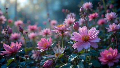 Obraz premium A vibrant close-up of a multitude of delicate pink flowers, likely cosmos or similar blooms, in a garden setting.