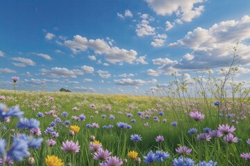 Tranquil Outdoor Scene of a Vibrant Meadow Under a Clear Blue Sky