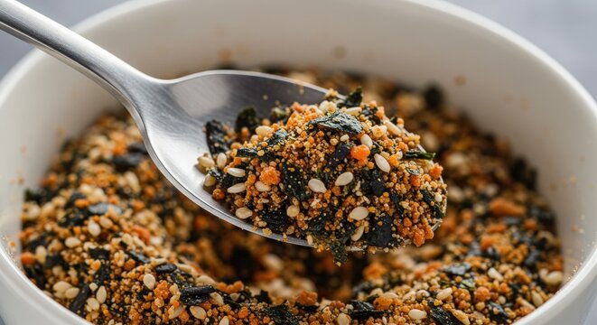 A Close-Up View of a Spoonful of Flavorful Japanese Nori Furikake, a Savory Seasoning Blend with Seaweed, Sesame Seeds, and Dried Vegetables