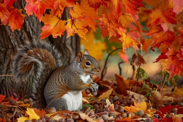A squirrel gathers acorns beneath a maple tree with vibrant fall foliage, A squirrel gathering acorns beneath a maple tree in full autumn splendor