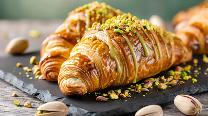 Gourmet pistachio croissants topped with nuts and syrup, delightful treat