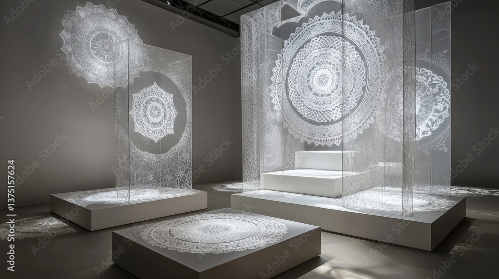 Aufkleber stunning art installation featuring intricate lace patterns projected onto transparent panels, creat