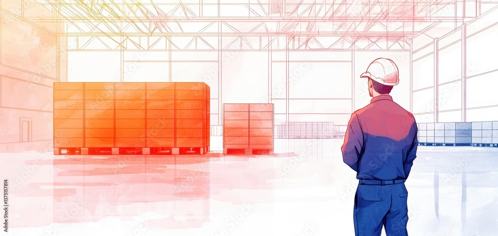 Poster a worker stands in a spacious warehouse, observing stacked pallets under bright lighting, emphasizin