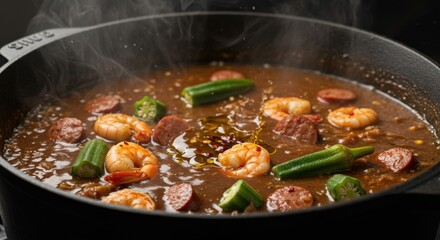 A Hearty Shrimp and Sausage Gumbo Cooking in a Black Pot with Okra - Hot, Flavorful Cajun Cuisine in Process, Steaming and Inviting