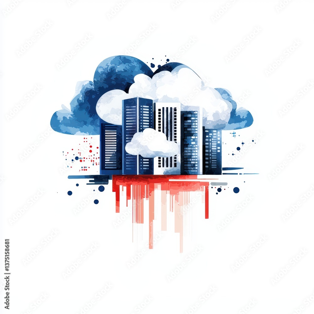 Poster a modern cityscape illustration featuring skyscrapers under artistic clouds with a splash of colors,