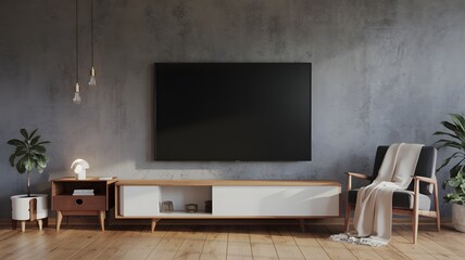 Minimalist Living Room: A modern, inviting living room with a sleek television mounted on a textured wall, paired with wooden accents and stylish furnishings.