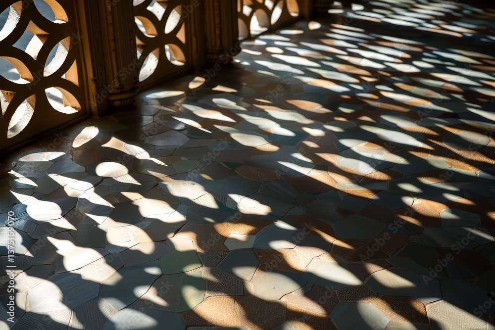 Poster shadow patterns from a lattice window cast onto a tiled floor, intricate patterns of shadows and lig