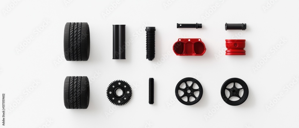 Poster collection of different types of car parts arranged in a flat lay on a white background. there are n