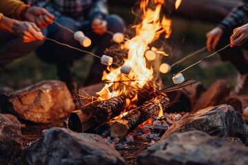A group of friends gathered around a campfire, roasting marshmallows on sticks, A group of friends roasting marshmallows over a campfire