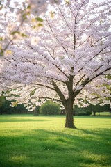a close up of a tree with white flowers in a field