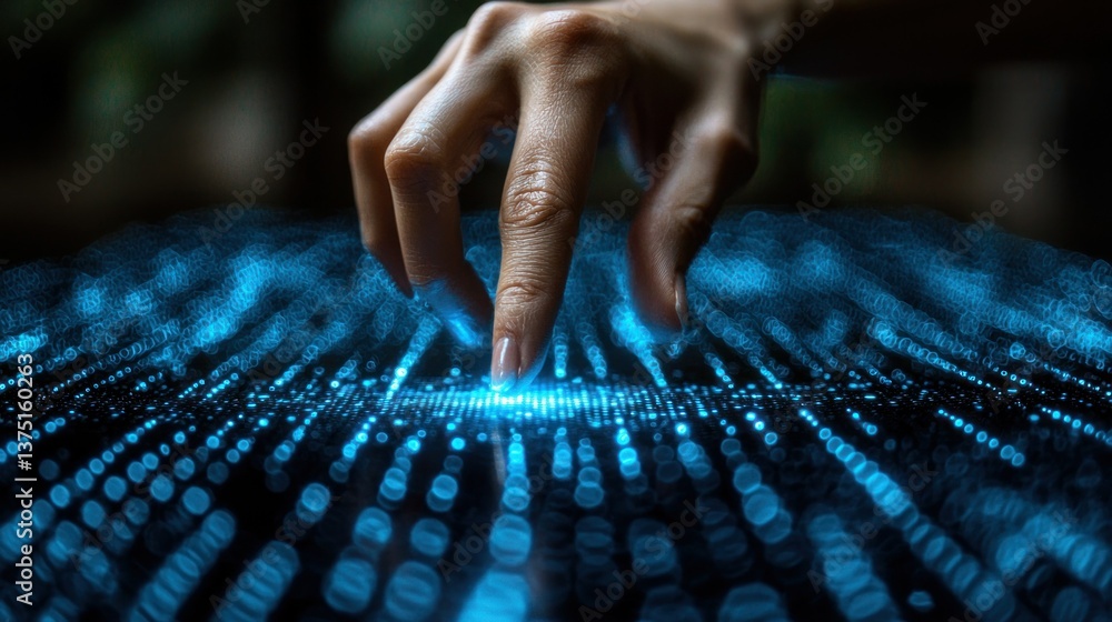 Poster exploring the digital realm: a hand interacting with a glowing data stream