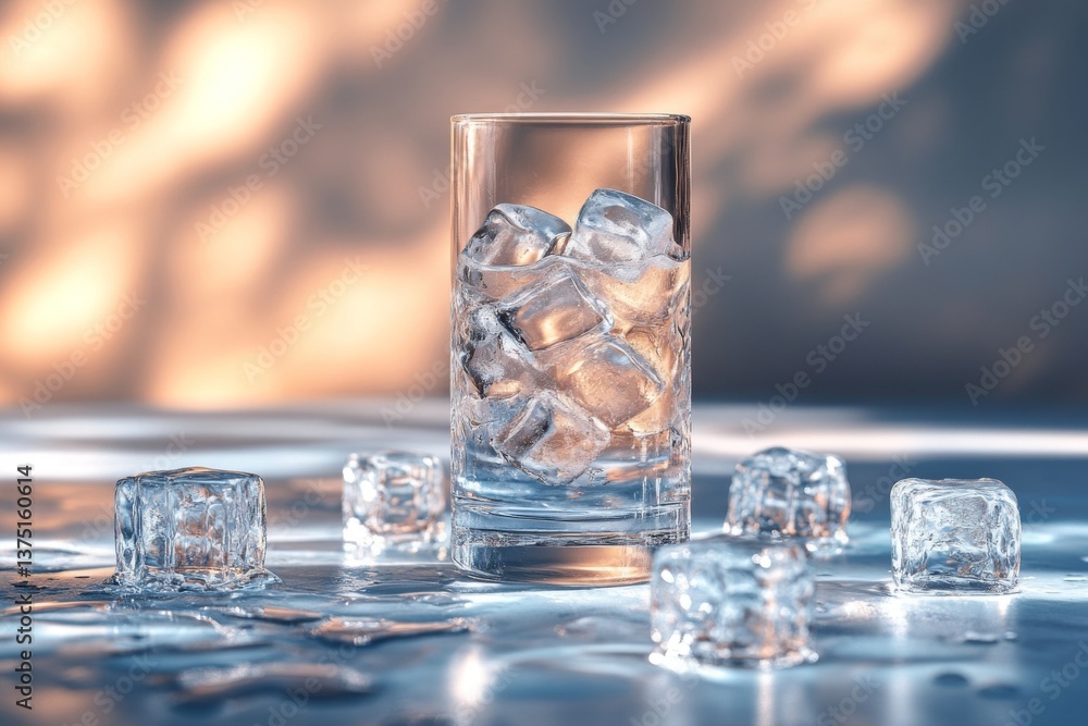 Poster a stylish glass filled with ice cubes is accompanied by a bottle of chilled vodka. the setting is wa