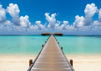 Fototapeta premium A tranquil wooden pier extending to overwater bungalows under a vibrant blue sky dotted with fluffy white clouds, a serene tropical paradise scene.