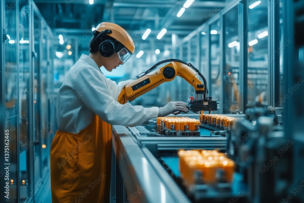 Poster in a high-tech production facility, a worker skillfully manages a robotic arm to streamline the asse
