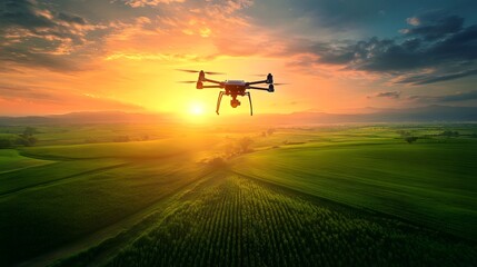 Fototapeta premium Drone surveying farmland at sunset