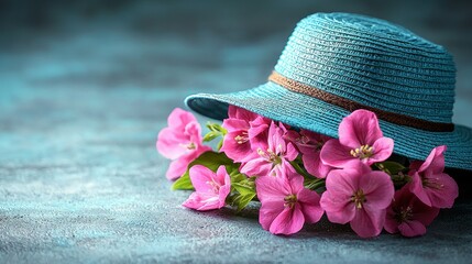 Floral Hat Still Life Photography: A Delicate Arrangement of Pink Flowers under a Teal Summer Hat