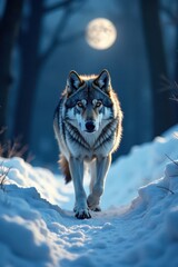 Naklejka premium A gray wolf runs through the snow under moonlight, animal, night