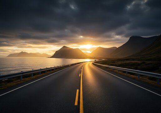 A scenic coastal highway unfolds towards a breathtaking sunset, casting golden light on the winding road and majestic mountains with dramatic clouds.