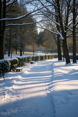 snowy path in a park with benches and trees