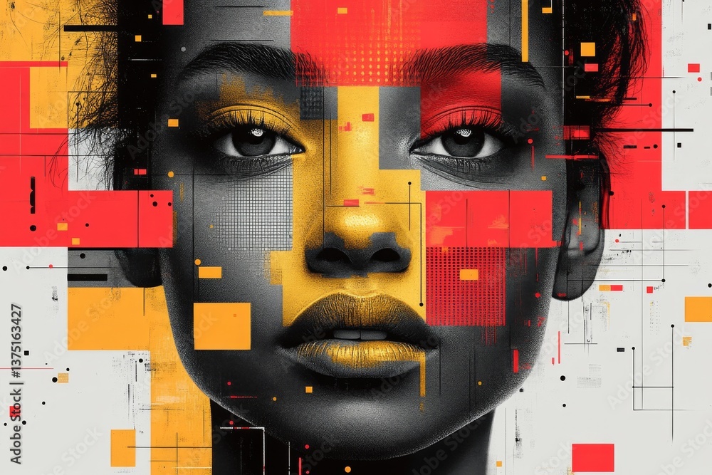Poster an artistic representation blends a striking portrait with vibrant geometric patterns in red, yellow