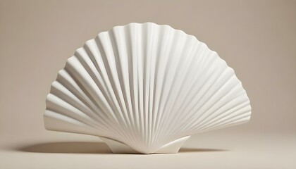 A studio shot of a white scallop shell, showcasing its intricate ribbed texture and fan-like shape, set against a neutral background