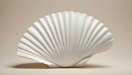 A studio shot of a white scallop shell, showcasing its intricate ribbed texture and fan-like shape, set against a neutral background